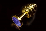 Маленькая витая анальная пробка золотистая с  кристаллом, синим