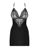 Сатиновий комплект для сну з мереживом Obsessive 828-CHE-1 chemise & thong S/M, чорний photo 3