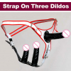 Черный страпон с тремя фаллосами на ремнях из мягкого силикона photo 5