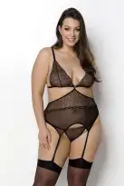 Корсет із пажами Passion Amberly Corset 4XL/5XL black, асиметричний крій, мережива, стрінги photo 1