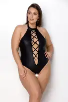 Боді з екошкіри Passion Nancy Body 4XL/5XL black, з імітацією шнурівки та відкритим доступом photo 1