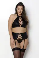 Комплект з екошкіри Passion Nancy Set 4XL/5XL black, імітація шнурівки, топ, пояс для панчіх photo 1