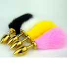 Золотые нержавеющие анальные пробки с разноцветными хвостами photo 1