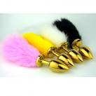 Золотые нержавеющие анальные пробки с разноцветными хвостами photo 4