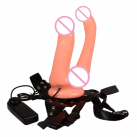 Страпон Baile с двойным фаллосом и вибрацией, цвет черный, ремень кожаный photo 4