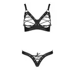 Комплект з екошкіри Celine Bikini black L/XL — Passion: відкритий бра зі стрічками, стрінги зі шнурі photo 3