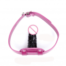 Розовый кляп в рот с черным фаллоимитатором photo 4