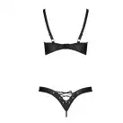 Комплект з екошкіри Celine Bikini black L/XL — Passion: відкритий бра зі стрічками, стрінги зі шнурі photo 4