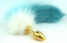 Анальная пробка золотистого цвета с голубым хвостом photo 6