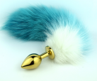 Анальная пробка золотистого цвета с голубым хвостом photo 1